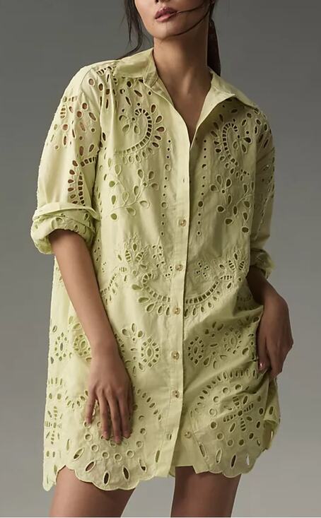 Anthropologie Dresses & Skirts - Anthro Eyelet Shirt Dress Green Cutout Mini Dress Button Front Cotton Size M